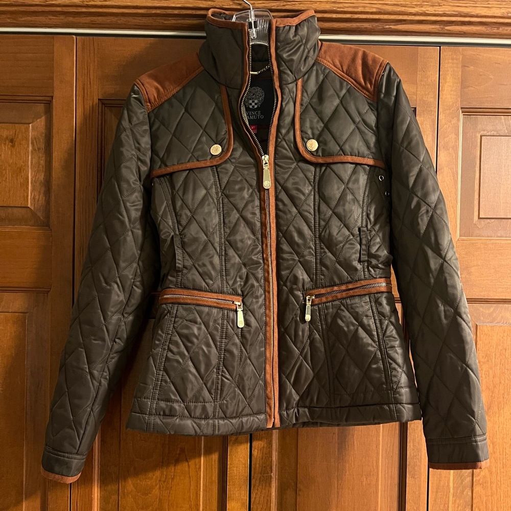 Vince Camuto Olive Green Quilted Jacket with Brown Trim